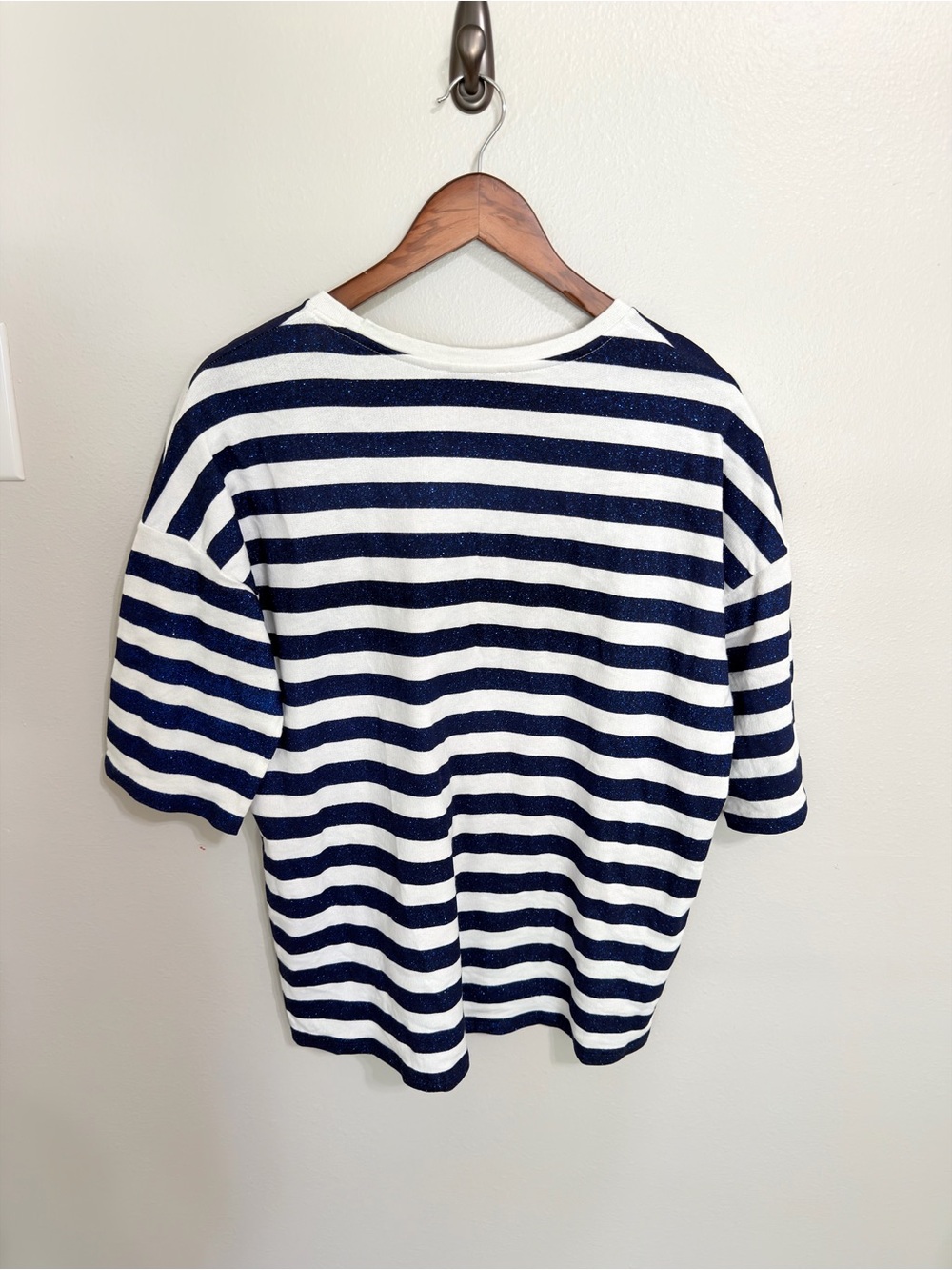 Zara Trafaluc Metallic Navy Blue & White Striped Oversized Pocket Tee - Picture 7 of 14